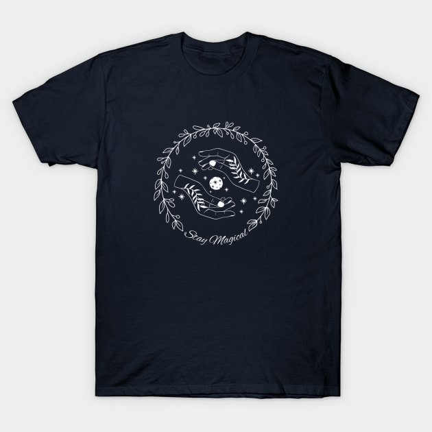 Line art floral wreath with hands holding moon - stay magical T-Shirt by Ieva Li ART